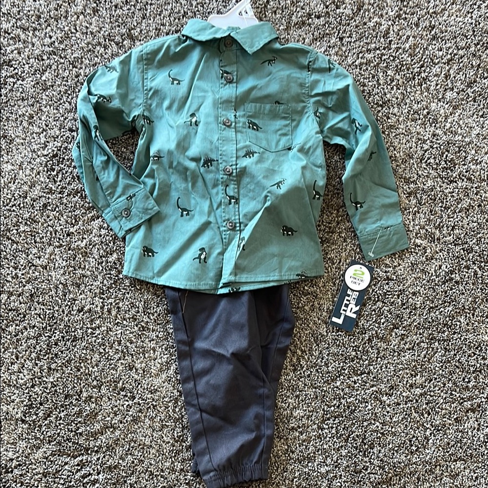 Green Dinosaur Print Shirt and Blue Pants Set